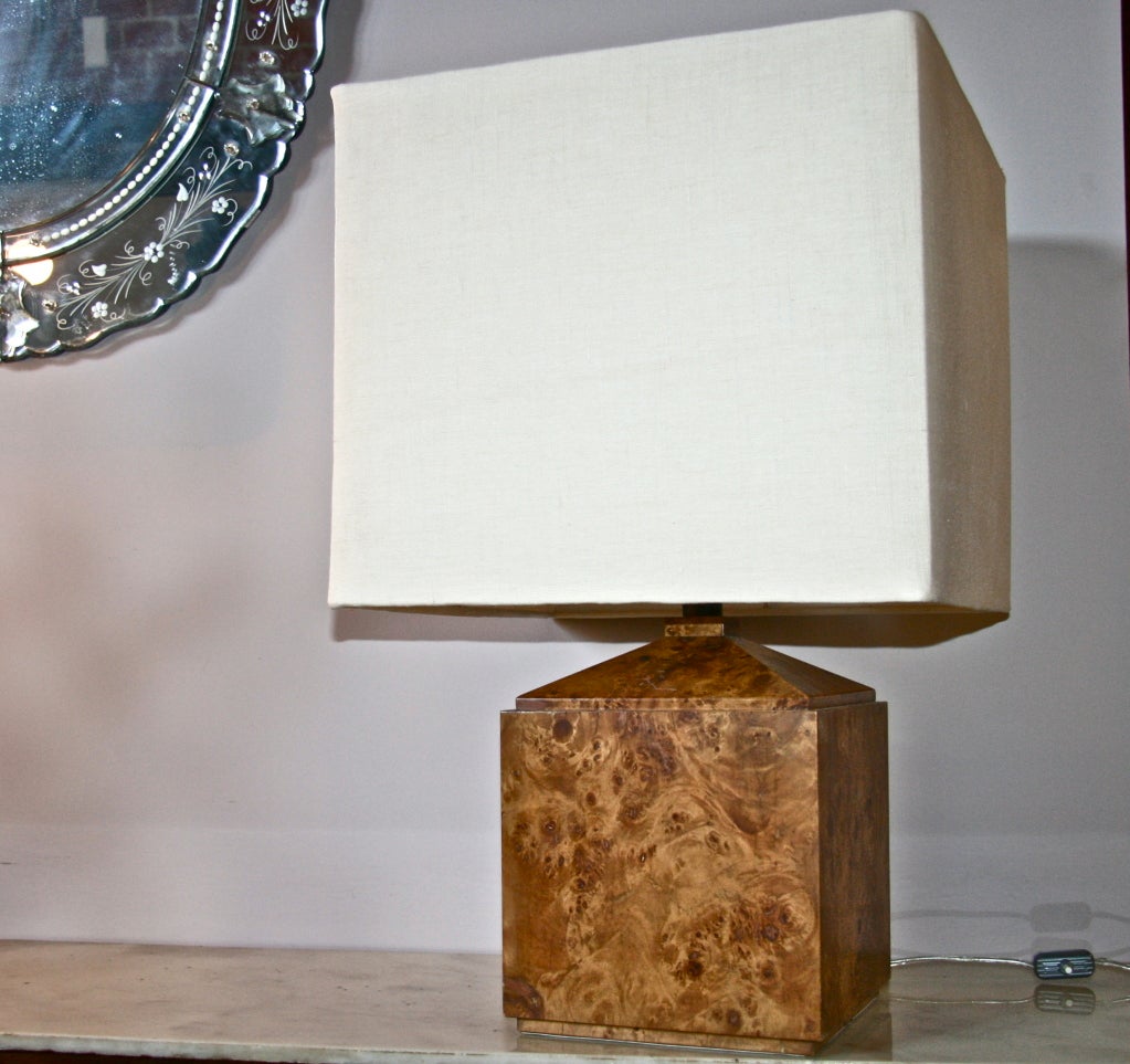 Italian 50's Wood Veneer Table Lamp With Beige Shade