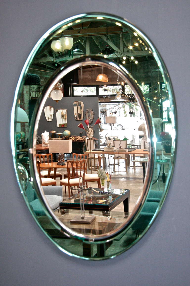 Italian 1960s Double Glass Teal Green Oval Mirror In Good Condition In Los Angeles, CA
