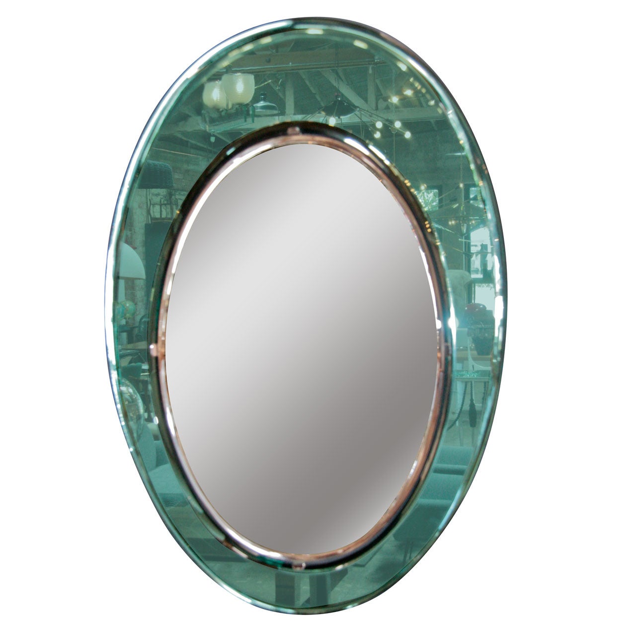Italian 1960s Double Glass Teal Green Oval Mirror