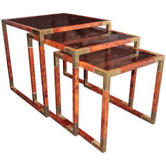 Three Elegant Italian Nesting Tables in Wood and Brass