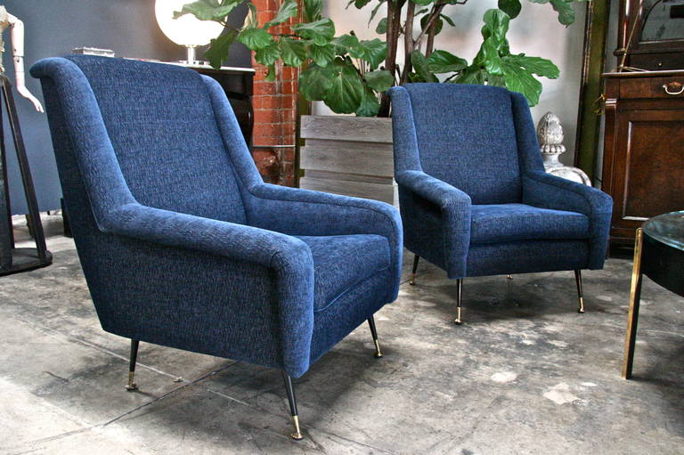 Super sexy savvy Italian 50's Pair of Blue Armchairs with Brass Legs...