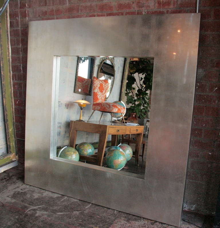 Wood Italian Oversized Silver Leaf Mirror For Sale