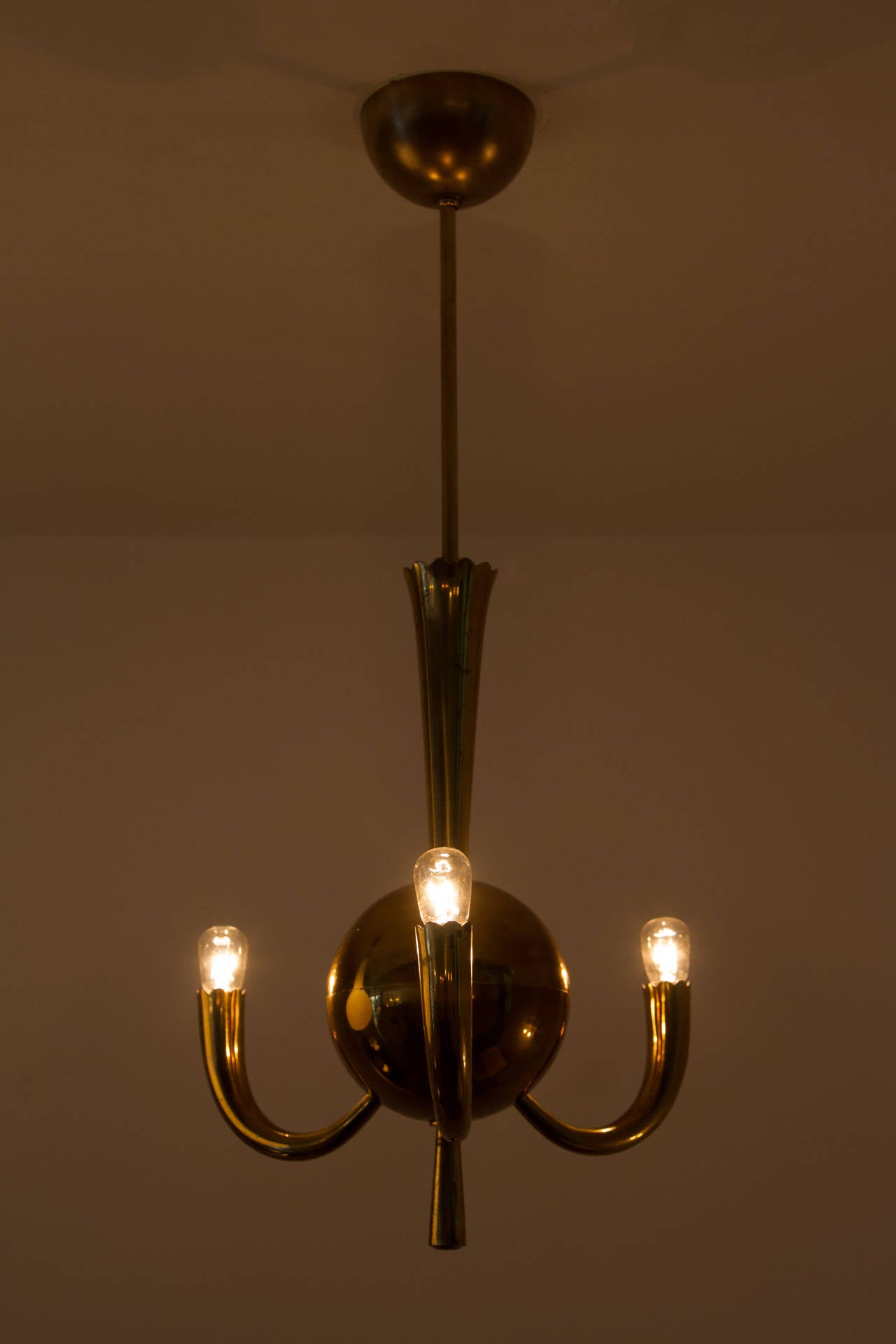 Rare brass three-arm chandelier, rewired.