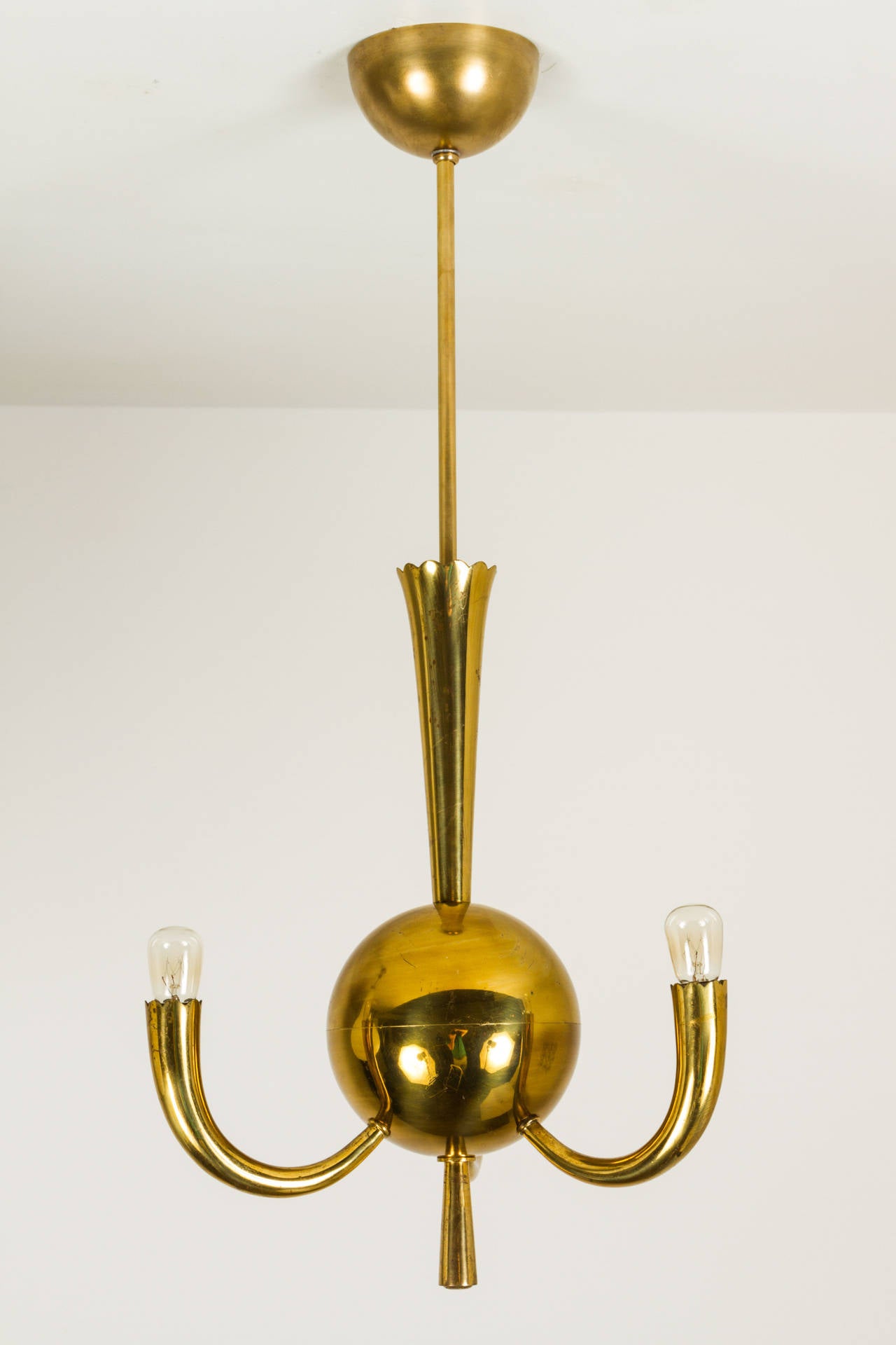 Petite Three Arm Italian Brass Chandelier In Excellent Condition In Los Angeles, CA