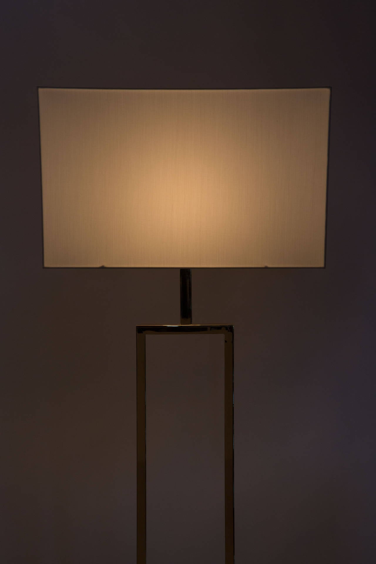 Marble and brass-plated floor lamp with custom silk shade.
