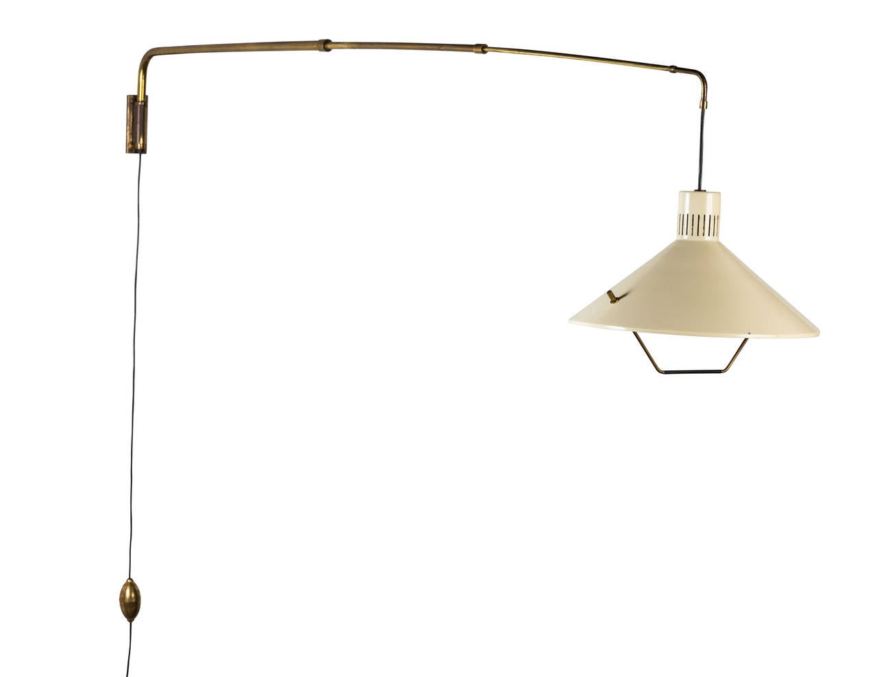 Articulating wall light with solid brass hand switch. Retains original label.