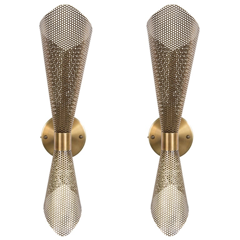 Rewire Custom Brass Perforated Sconce For Sale