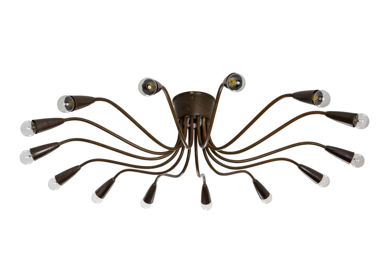 Brass ceiling light, Italian fourteen-arm ceiling light.