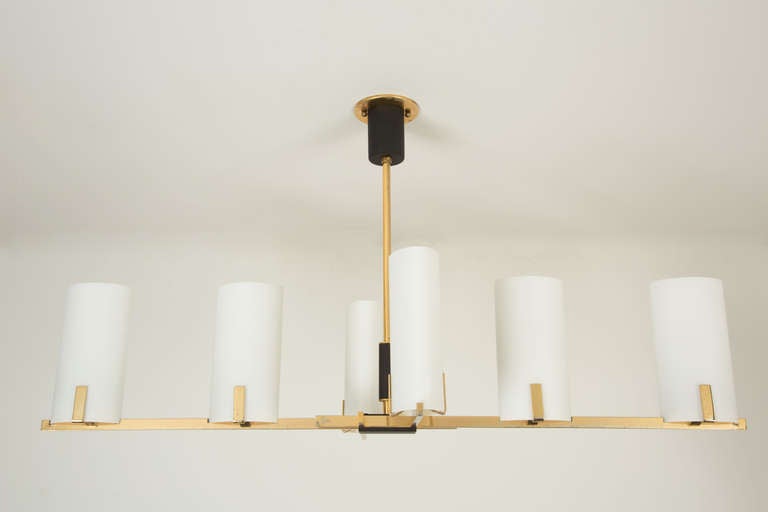Mid-Century Modern Six Shade Brass and Glass Chandelier by Arlus