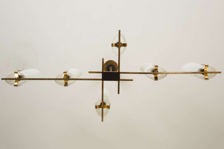 Mid-20th Century Six Shade Brass and Glass Chandelier by Arlus