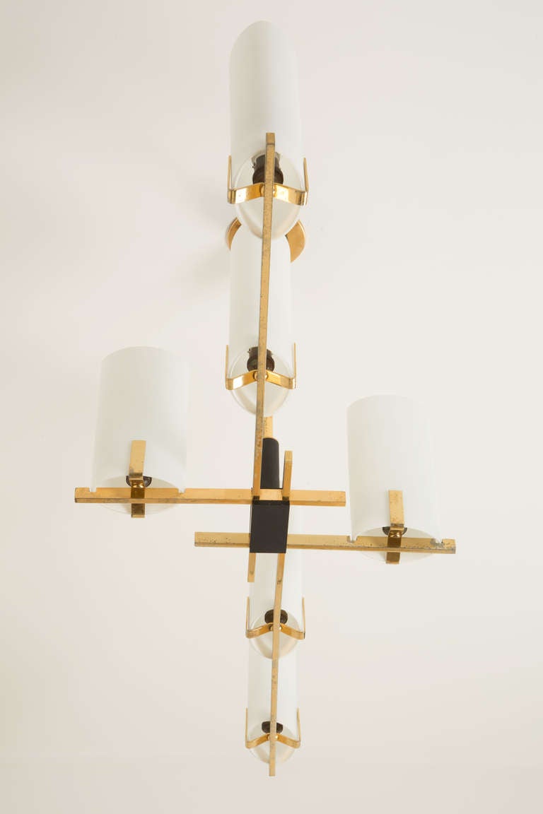 Six Shade Brass and Glass Chandelier by Arlus 2