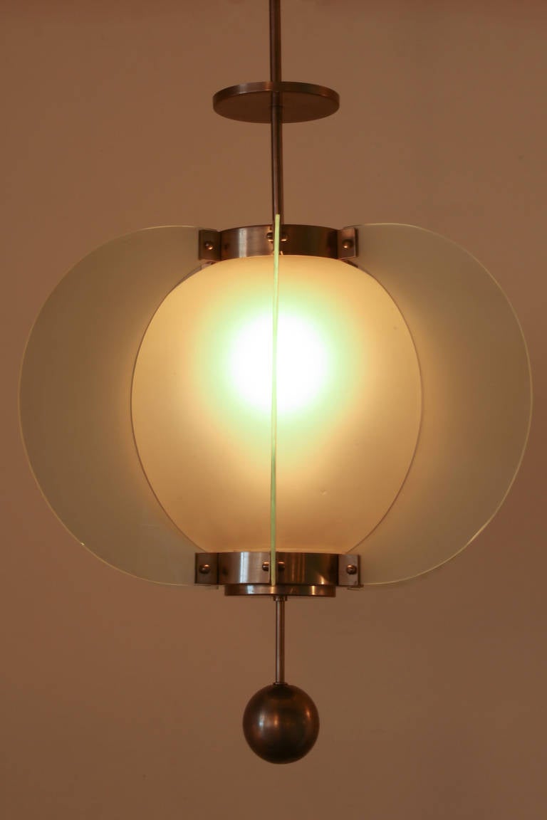 Nickel plated brass and brushed satin glass chandelier designed in the Czech Republic in the early 1930's. Wired for US junction boxes. Takes one E27 100w maximum bulb