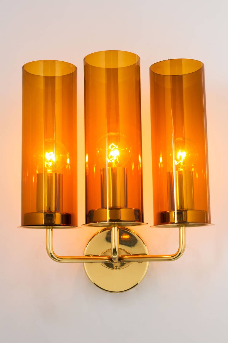 Swedish Hans Agne Jakobsson Glass and Brass Sconces