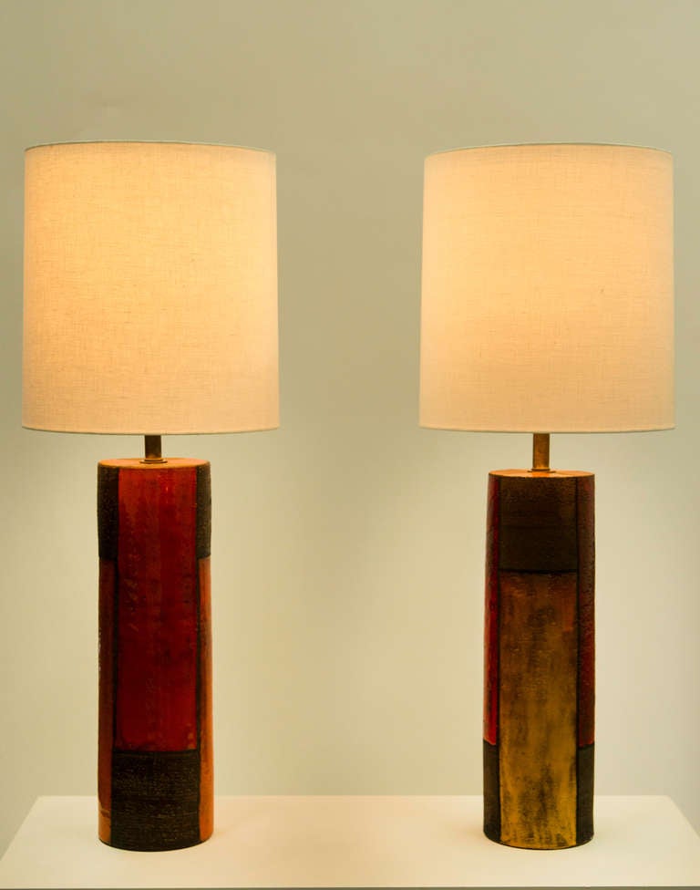 A striking unique pair of intense red, gold and orange with 
textured matte brown ceramic rectangles. Rewired with dark
patina brass.