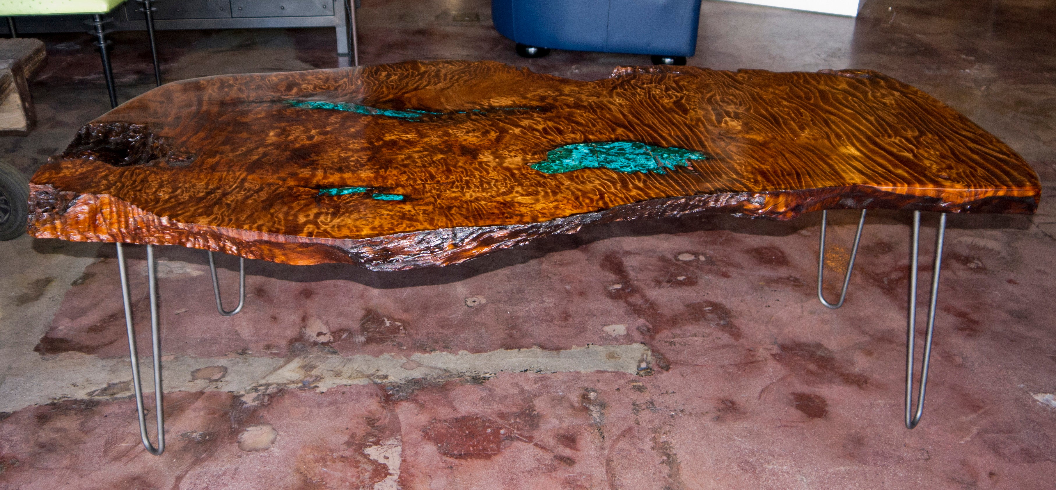Redwood Coffee Table with Malachite Inlay 
