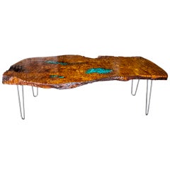 Vintage Redwood Coffee Table with Malachite Inlay 