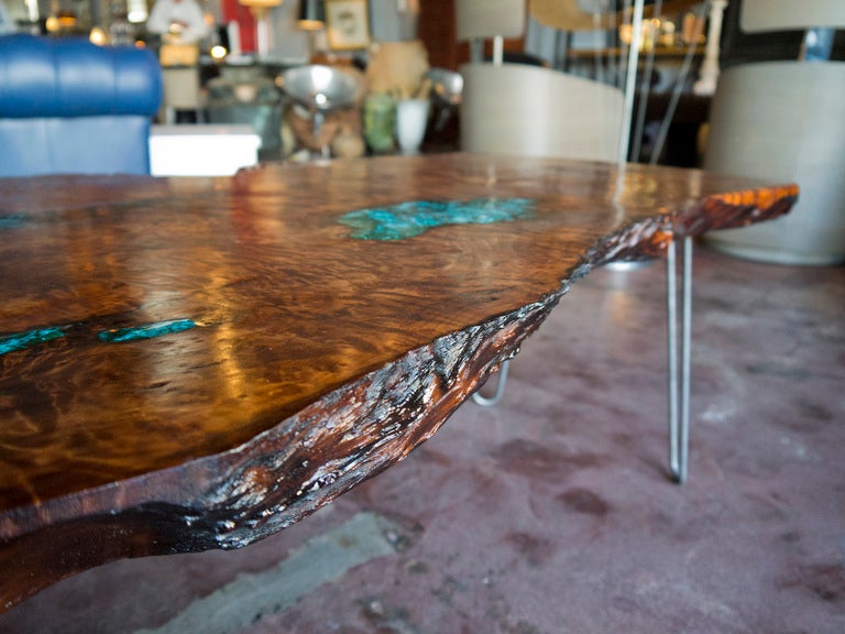 American Redwood Coffee Table with Malachite Inlay 