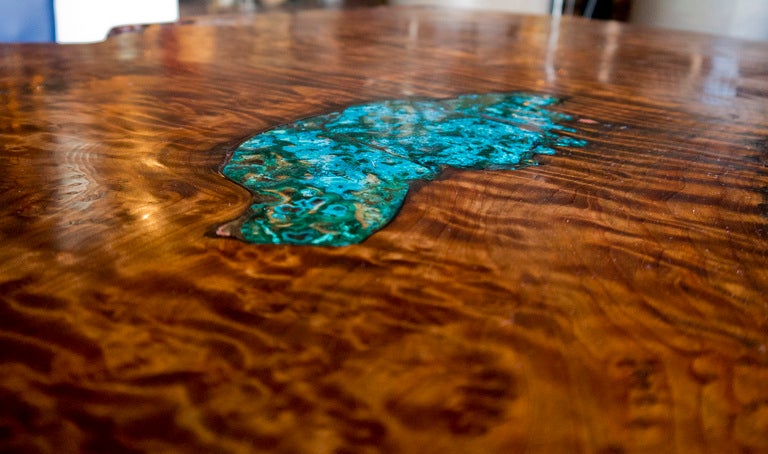 Redwood Coffee Table with Malachite Inlay  In Excellent Condition In Los Angeles, CA