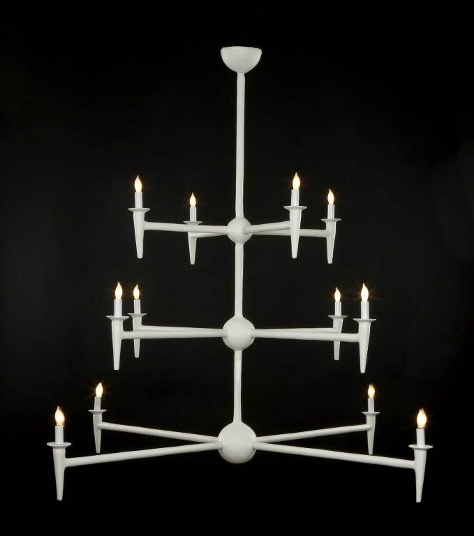 Three tiered, twelve light plaster of Paris chandelier from the Bourgeois Boheme Atelier. Custom sizes available.  12 candelabra based sockets.