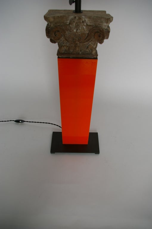 Belgian 19th Century Carved  Wooden  Capital Table Lamp For Sale