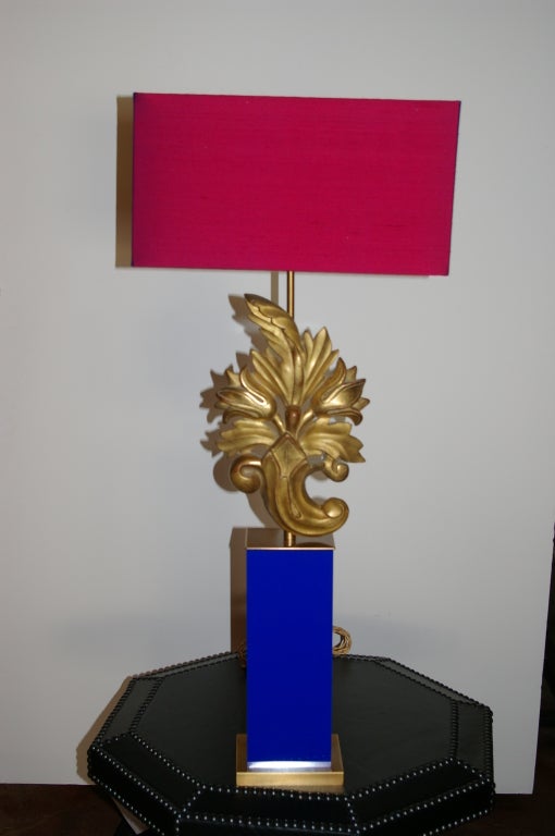 This 19th century carved wooden capital has been mounted on plexiglas and bronze base by Francine Villier-Levy.  Lamp is in our NYC showroom in the NY Design Center.