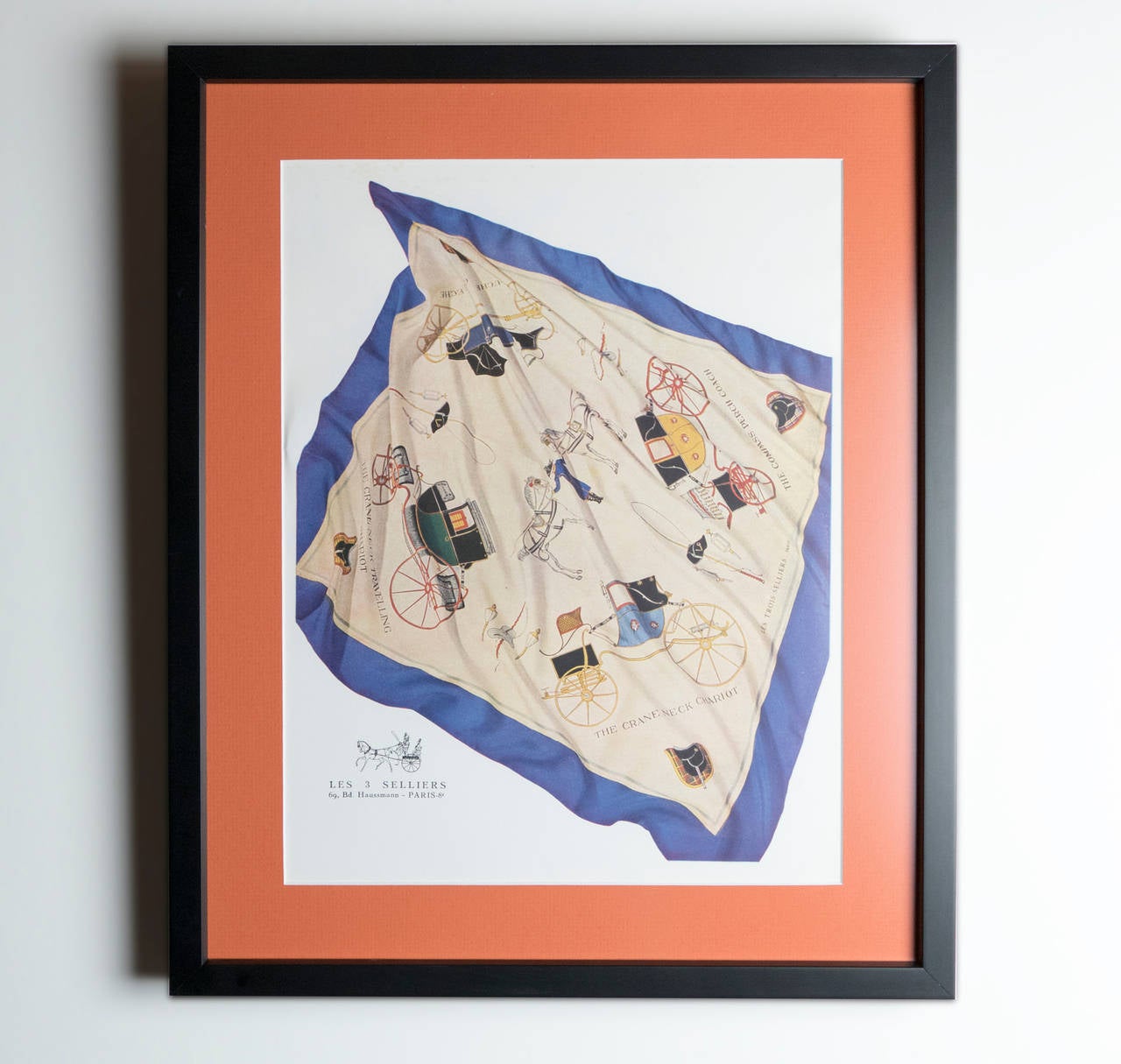 Original set of six Hermès advertisements from the 1920s to the 1960s
Newly Framed with a orange matte and black wooden frames.  
Sold as a set of six only.  One framed print has been changed from the original main image.  Items are located in