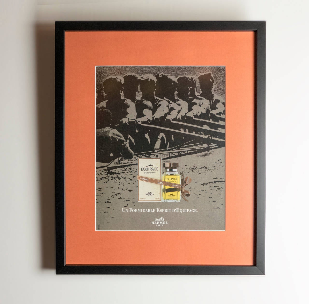 Original set of six Hermès advertisements from the 1920s to the 1960s
Newly Framed with a orange matte and black wooden frames.  
Sold as a set of six only.  These prints are located in our space in the 1STDIBS@NYDC showroom in NYC.