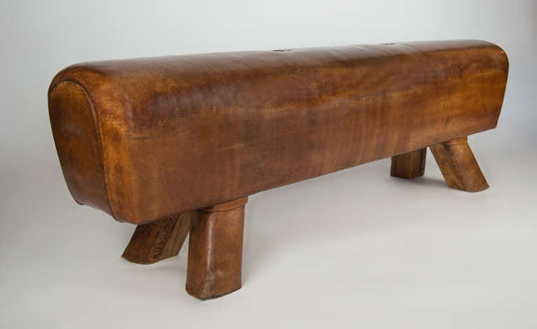Beautiful pommel horse. The legs have been shortened to makes a unique stool. Original leather, Incredible patina.