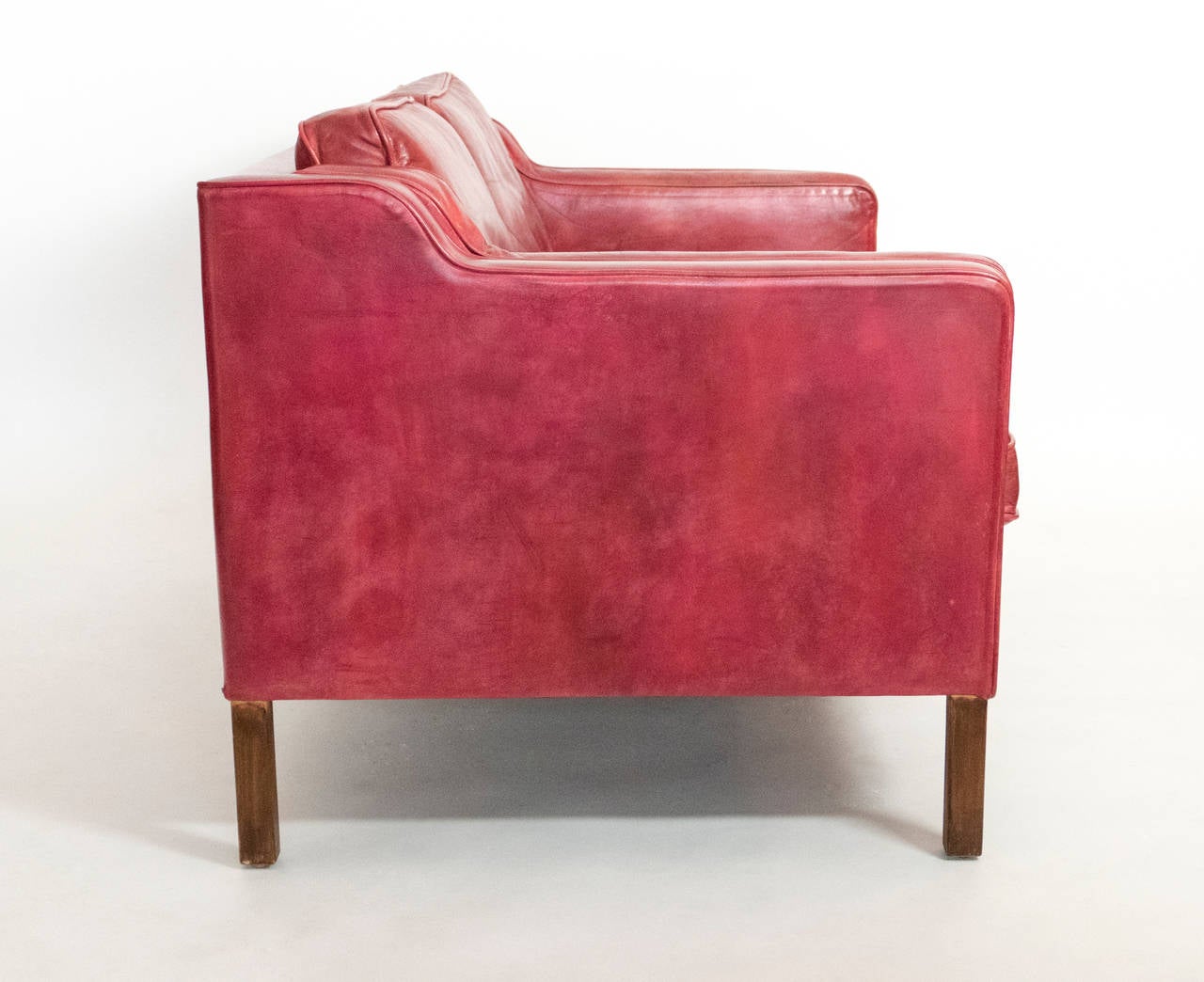 Mid-Century Modern Red Leather Sofa by Borge Mogensen