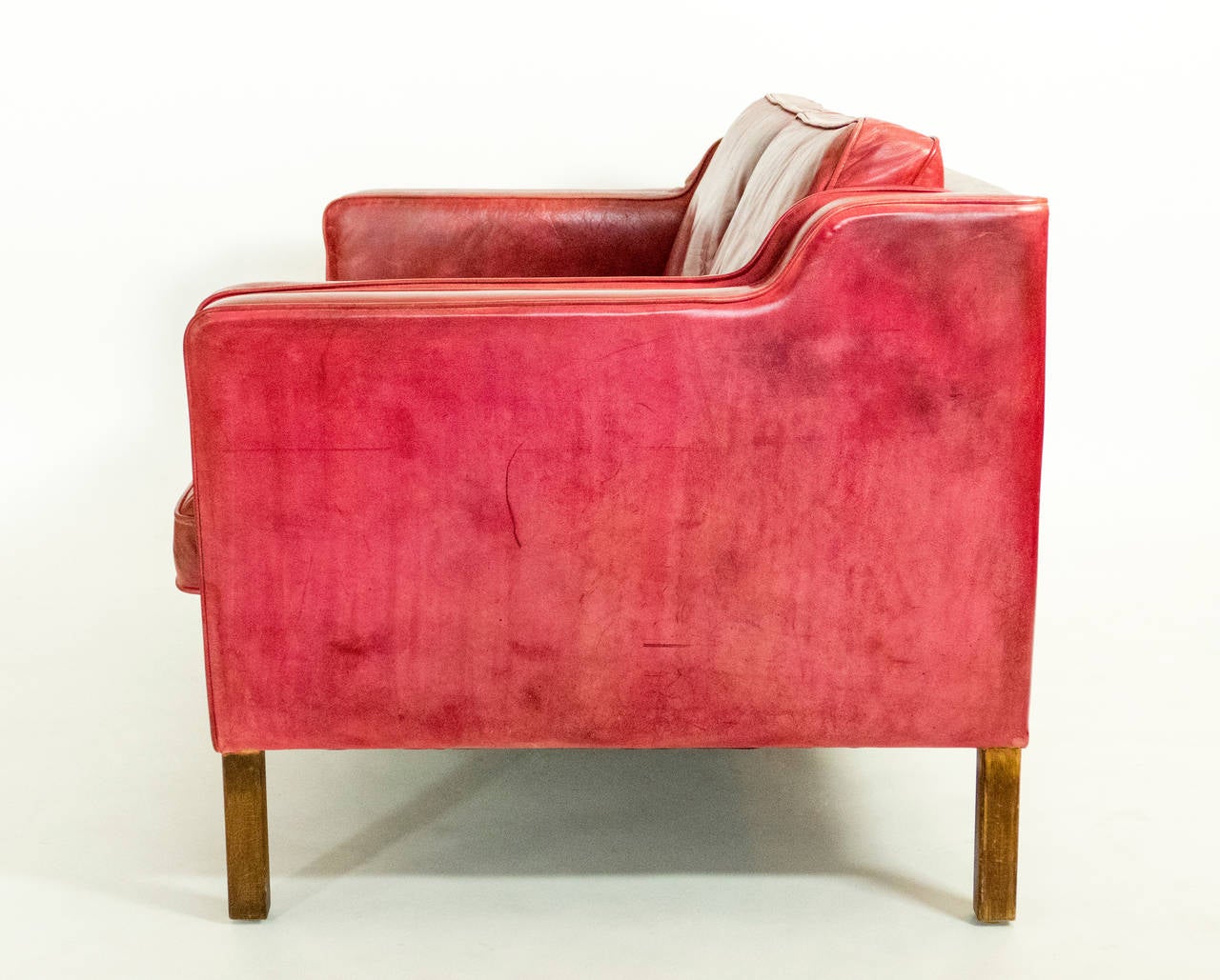 Danish Red Leather Sofa by Borge Mogensen