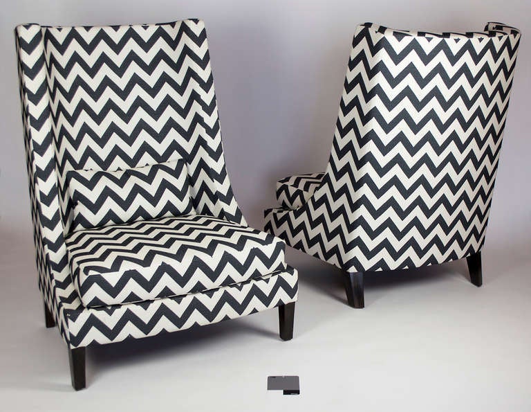Wing Back Chair.  Chevron Motif charcoal and white fabric.  Elegant design with modern lines.  A unique take on the classic wing back chair.