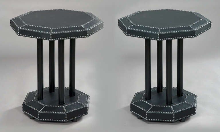 Leather tops give these octagonal side tables their sophisticated style.The nail heads define and highlight the beveled edges on both the top and bottom surfaces.The tables are perfect size for end tables, yet are customizable with numerous leather,