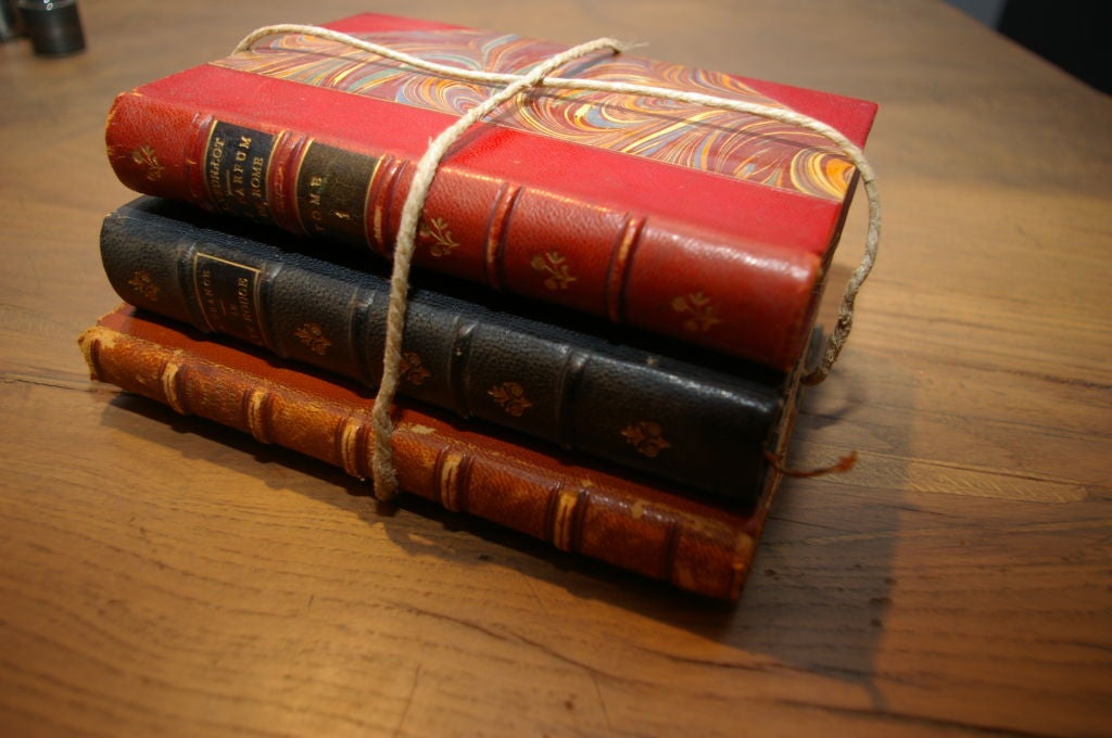 French Pack of 3 Antique Decorative Leather Bound Books