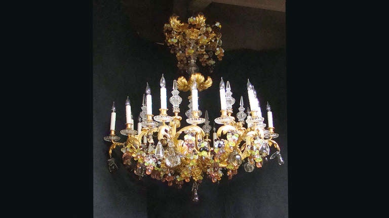 Magnificent bronze dore chandelier with colored grapes & fruit throughout