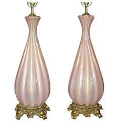 Pair of exceptional 1960’s pink murano lamps infused with gold.