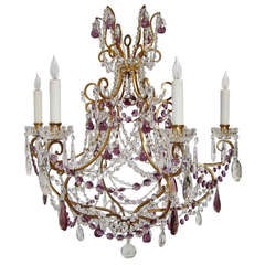 Vintage Italian gilt, iron and tole chandelier with clear and amethyst faceted crystals