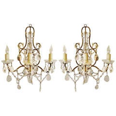 Pair of Italian 3-light sconces with faceted teardrop crystals and swags.