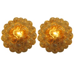 Pair of Round Bubbled Amber Glass Sconces