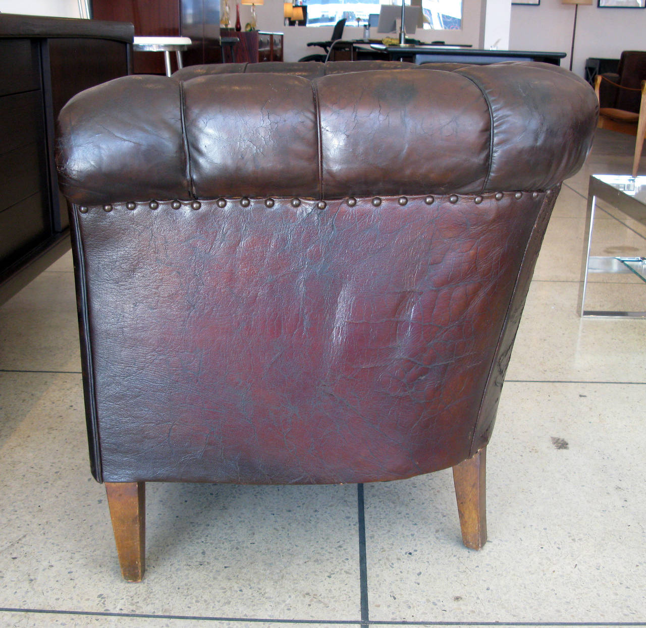 Single Aged Leather Club Chair In Distressed Condition In Los Angeles, CA