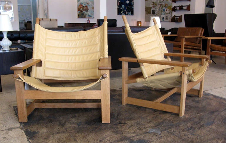Pair of Yellow Leather & Oak Lounge Chairs 5