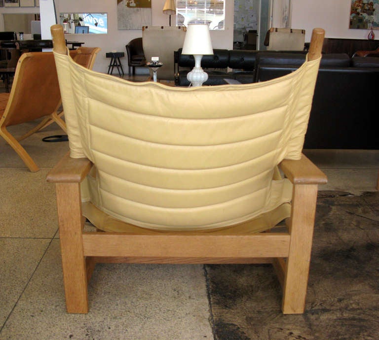 Late 20th Century Pair of Yellow Leather & Oak Lounge Chairs
