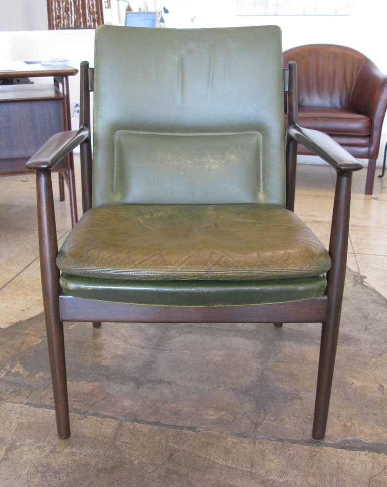 Arne Vodder chair with mahogany frame & beautifully aged green leather upholstery.  Produced by Sibast Furniture.  Seat height measures 17.5