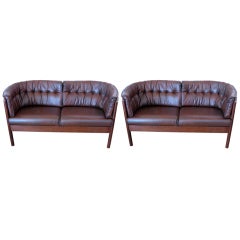 Pair of Danish Leather & Wood 2-Seat Sofas