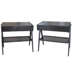 Pair of Teak Side Tables w/ Caned Shelves