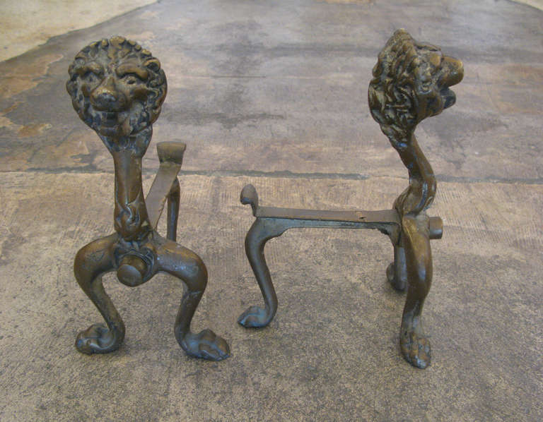 Pair of Vintage Brass Lion Head Andirons In Good Condition In Los Angeles, CA