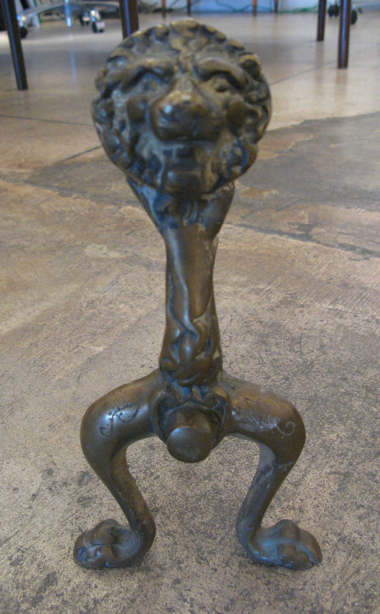 20th Century Pair of Vintage Brass Lion Head Andirons