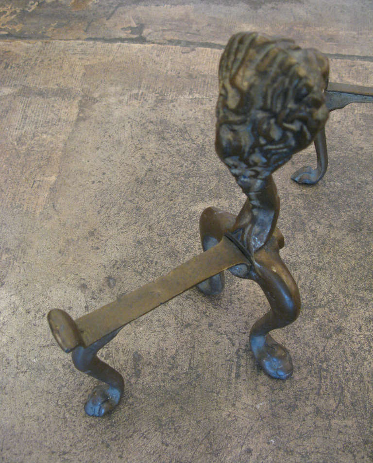 Pair of Vintage Brass Lion Head Andirons 1