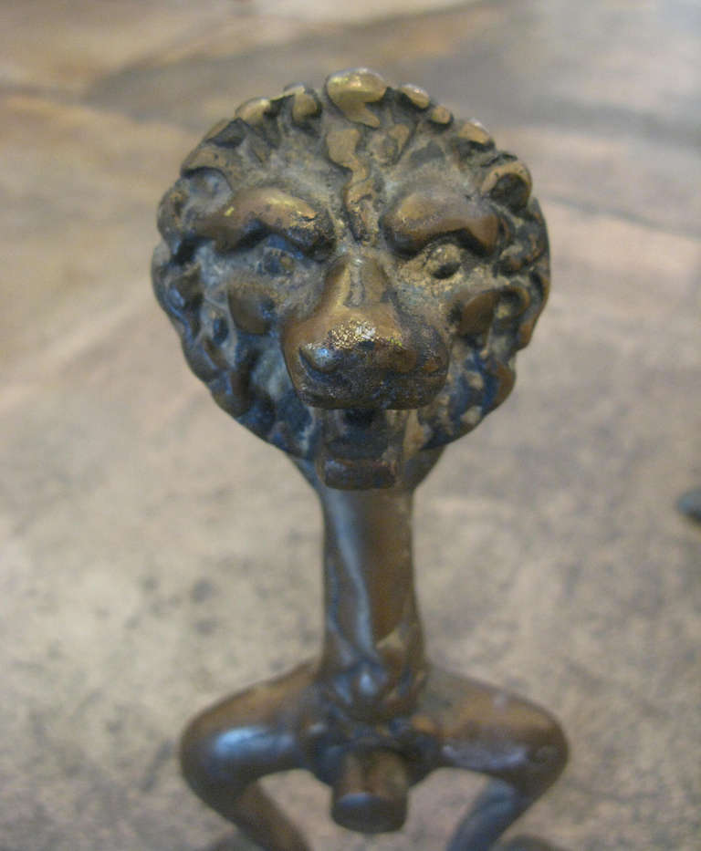 Pair of Vintage Brass Lion Head Andirons 3