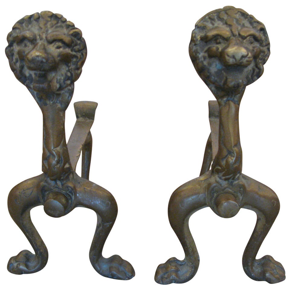 Pair of Vintage Brass Lion Head Andirons