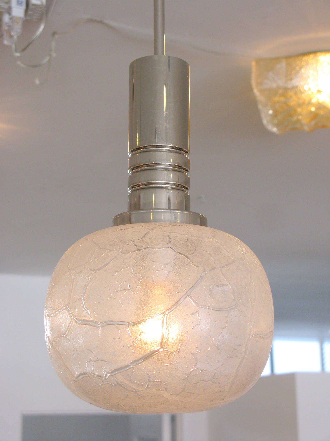 German Trio of Crackled Ice Glass Pendant Lights